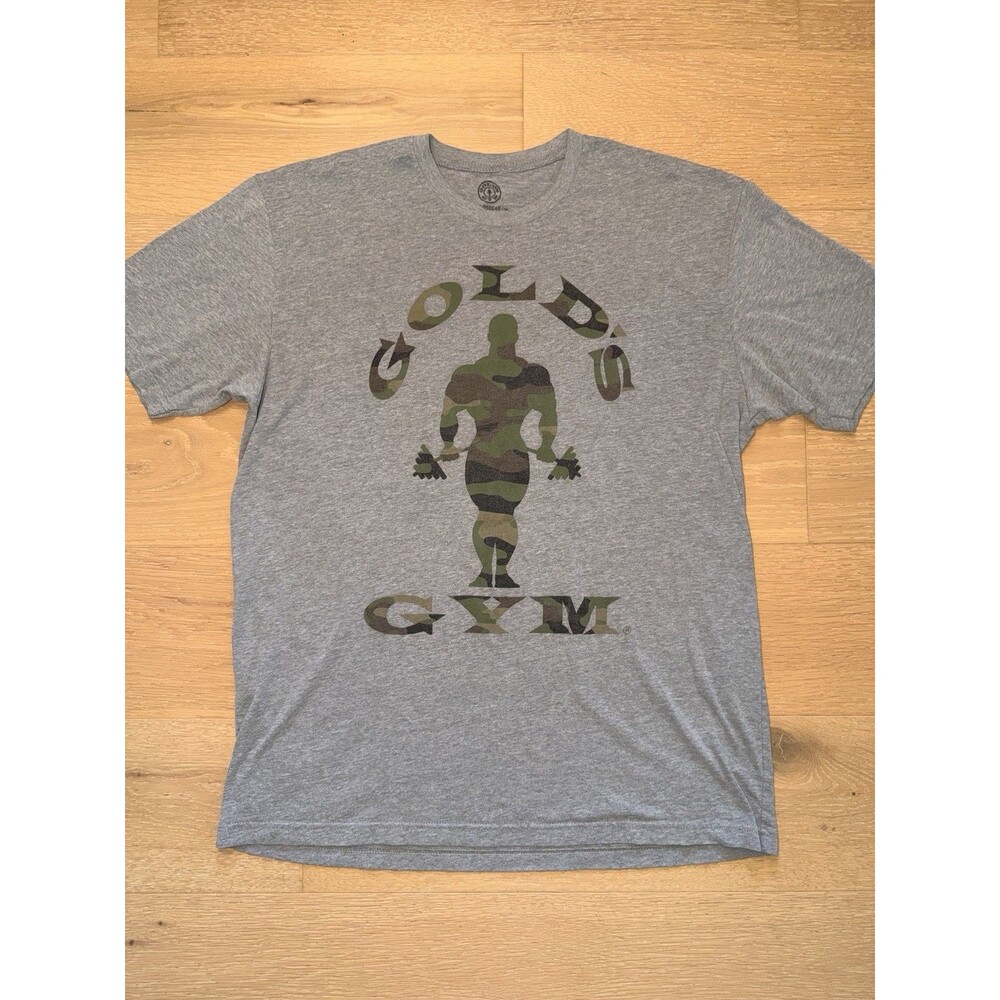 Gold's Gym Men's Size XL Extra Large Gray Graphic Camo Logo Cotton Blend T-Shirt
